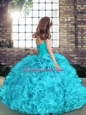 Green Ball Gowns Straps Sleeveless Fabric With Rolling Flowers Floor Length Side Zipper Beading and Ruffles Kids Formal Wear