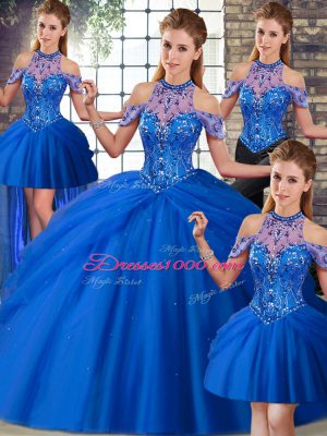 Blue Lace Up Vestidos de Quinceanera Beading and Pick Ups Sleeveless Brush Train