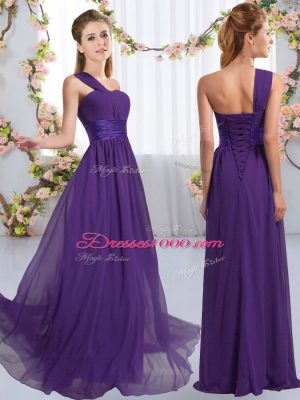Fantastic One Shoulder Sleeveless Lace Up Wedding Party Dress Purple Chiffon