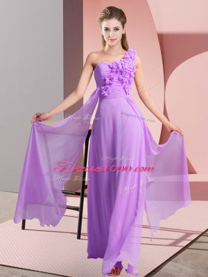 Shining Lavender Chiffon Lace Up Wedding Guest Dresses Sleeveless Floor Length Hand Made Flower