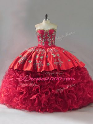 Red Ball Gowns Sweetheart Sleeveless Fabric With Rolling Flowers Brush Train Lace Up Embroidery Quince Ball Gowns