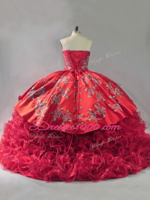 Red Ball Gowns Sweetheart Sleeveless Fabric With Rolling Flowers Brush Train Lace Up Embroidery Quince Ball Gowns