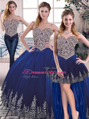 Designer Sleeveless Tulle Floor Length Lace Up Quinceanera Gown in Royal Blue with Embroidery