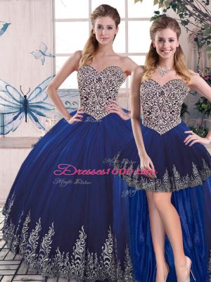 Designer Sleeveless Tulle Floor Length Lace Up Quinceanera Gown in Royal Blue with Embroidery