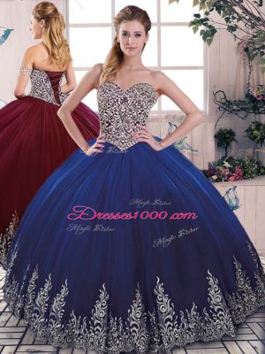 Designer Sleeveless Tulle Floor Length Lace Up Quinceanera Gown in Royal Blue with Embroidery