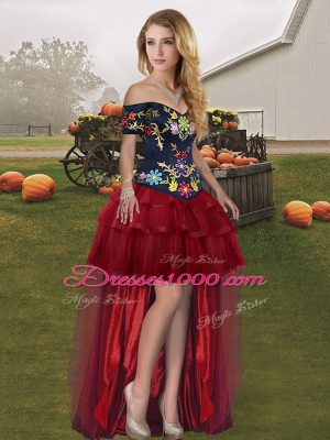 Tulle Off The Shoulder Sleeveless Brush Train Lace Up Embroidery and Ruffled Layers Sweet 16 Dress in Wine Red