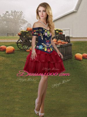Tulle Off The Shoulder Sleeveless Brush Train Lace Up Embroidery and Ruffled Layers Sweet 16 Dress in Wine Red