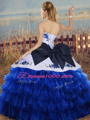 Sleeveless Embroidery and Ruffled Layers and Bowknot Lace Up Quinceanera Gowns