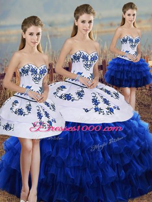 Sweetheart Sleeveless Ball Gown Prom Dress Floor Length Embroidery and Ruffled Layers and Bowknot Royal Blue Organza
