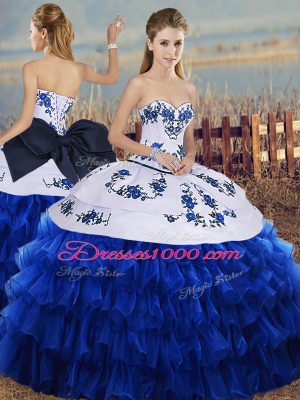 Sweetheart Sleeveless Ball Gown Prom Dress Floor Length Embroidery and Ruffled Layers and Bowknot Royal Blue Organza