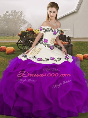 Sleeveless Tulle Floor Length Lace Up 15th Birthday Dress in White And Purple with Embroidery and Ruffles