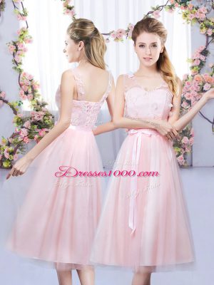 Baby Pink Tulle Lace Up V-neck Sleeveless Tea Length Vestidos de Damas Appliques