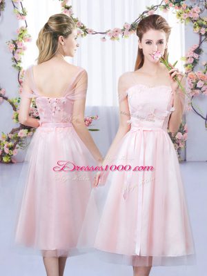 Baby Pink Tulle Lace Up V-neck Sleeveless Tea Length Vestidos de Damas Appliques