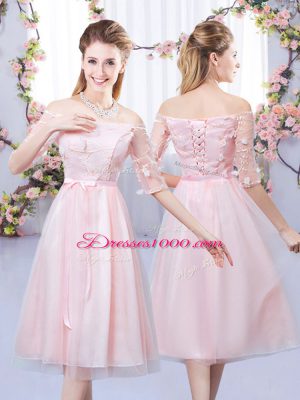 Baby Pink Tulle Lace Up V-neck Sleeveless Tea Length Vestidos de Damas Appliques