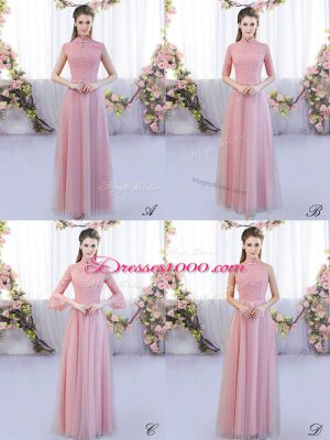 New Style Pink Empire High-neck Cap Sleeves Tulle Floor Length Zipper Lace Bridesmaid Gown