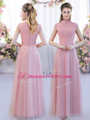 New Style Pink Empire High-neck Cap Sleeves Tulle Floor Length Zipper Lace Bridesmaid Gown