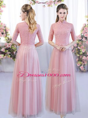 New Style Pink Empire High-neck Cap Sleeves Tulle Floor Length Zipper Lace Bridesmaid Gown