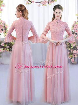 New Style Pink Empire High-neck Cap Sleeves Tulle Floor Length Zipper Lace Bridesmaid Gown