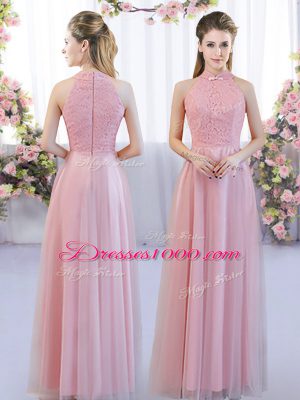 New Style Pink Empire High-neck Cap Sleeves Tulle Floor Length Zipper Lace Bridesmaid Gown