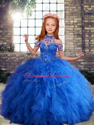 High-neck Sleeveless Pageant Dress Floor Length Beading and Ruffles Blue Tulle