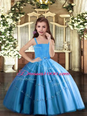 Straps Sleeveless Lace Up Little Girls Pageant Dress Baby Blue Tulle