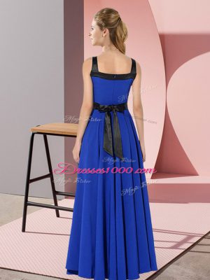 Custom Fit Blue Empire Square Sleeveless Chiffon Floor Length Zipper Belt Bridesmaid Dresses