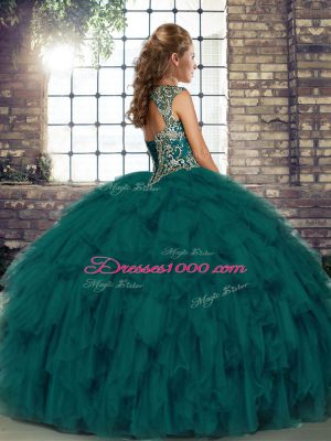 Green Sleeveless Organza Lace Up Quince Ball Gowns for Military Ball and Sweet 16 and Quinceanera