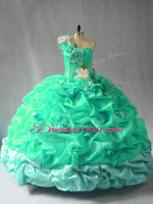 Clearance Turquoise Ball Gowns One Shoulder Sleeveless Organza Floor Length Lace Up Pick Ups and Hand Made Flower 15th Birthday Dress