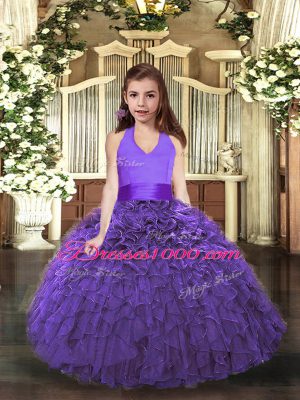 Fashion Halter Top Sleeveless Organza Girls Pageant Dresses Ruffles Lace Up