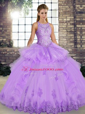 Fantastic Lavender Ball Gowns Scoop Sleeveless Tulle Floor Length Lace Up Lace and Embroidery and Ruffles Quince Ball Gowns