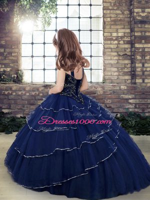 Burgundy Ball Gowns Straps Sleeveless Tulle Floor Length Lace Up Beading and Ruffled Layers Kids Formal Wear