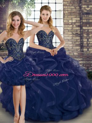 Sleeveless Floor Length Beading and Ruffles Lace Up Quinceanera Dresses with Navy Blue