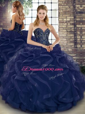 Sleeveless Floor Length Beading and Ruffles Lace Up Quinceanera Dresses with Navy Blue