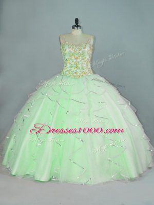 Apple Green Lace Up Quinceanera Gowns Beading and Ruffles Sleeveless Floor Length