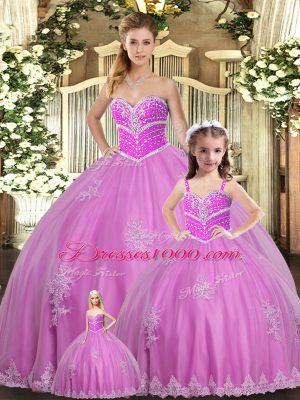 Beading and Appliques Sweet 16 Dress Lilac Lace Up Sleeveless Floor Length