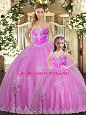 Beading and Appliques Sweet 16 Dress Lilac Lace Up Sleeveless Floor Length