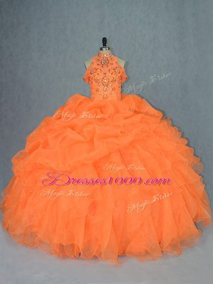 Orange Quinceanera Gown Sweet 16 and Quinceanera with Beading and Ruffles High-neck Sleeveless Lace Up