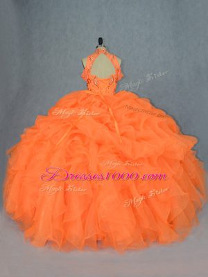 Orange Quinceanera Gown Sweet 16 and Quinceanera with Beading and Ruffles High-neck Sleeveless Lace Up