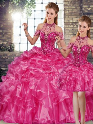 Sleeveless Floor Length Beading and Ruffles Lace Up Sweet 16 Dress with Fuchsia