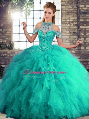 Turquoise Tulle Lace Up Sweet 16 Quinceanera Dress Sleeveless Floor Length Beading and Ruffles
