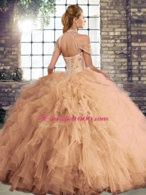 Turquoise Tulle Lace Up Sweet 16 Quinceanera Dress Sleeveless Floor Length Beading and Ruffles