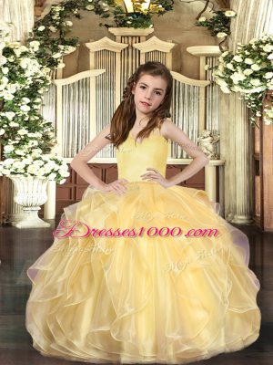 Floor Length Lace Up Juniors Party Dress Gold for Party and Sweet 16 and Wedding Party with Ruffles