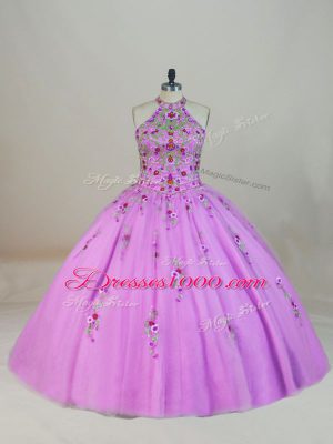 Lilac Sleeveless Tulle Brush Train Lace Up Quince Ball Gowns for Sweet 16 and Quinceanera