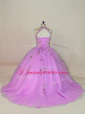 Lilac Sleeveless Tulle Brush Train Lace Up Quince Ball Gowns for Sweet 16 and Quinceanera