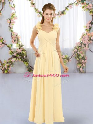 Custom Design Sleeveless Chiffon Floor Length Lace Up Bridesmaids Dress in Yellow with Hand Made Flower