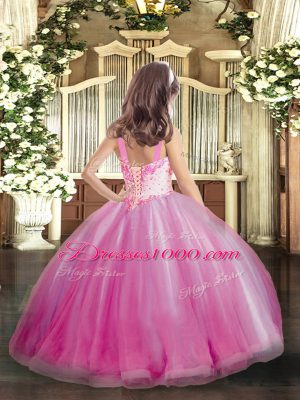 Hot Pink Ball Gowns Beading Little Girl Pageant Dress Lace Up Tulle Sleeveless Floor Length