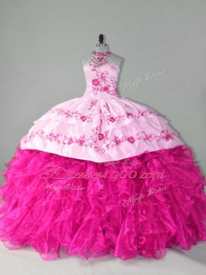 Hot Pink Halter Top Lace Up Embroidery and Ruffles Quinceanera Dress Court Train Sleeveless