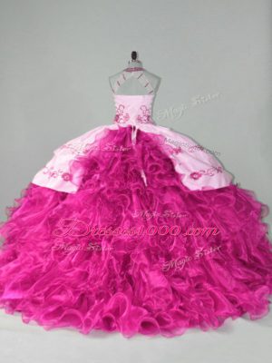 Hot Pink Halter Top Lace Up Embroidery and Ruffles Quinceanera Dress Court Train Sleeveless