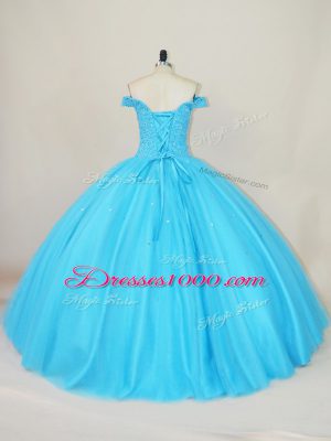 Floor Length Blue Quinceanera Gown Tulle Sleeveless Beading