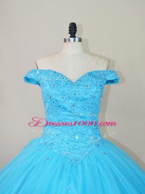 Floor Length Blue Quinceanera Gown Tulle Sleeveless Beading